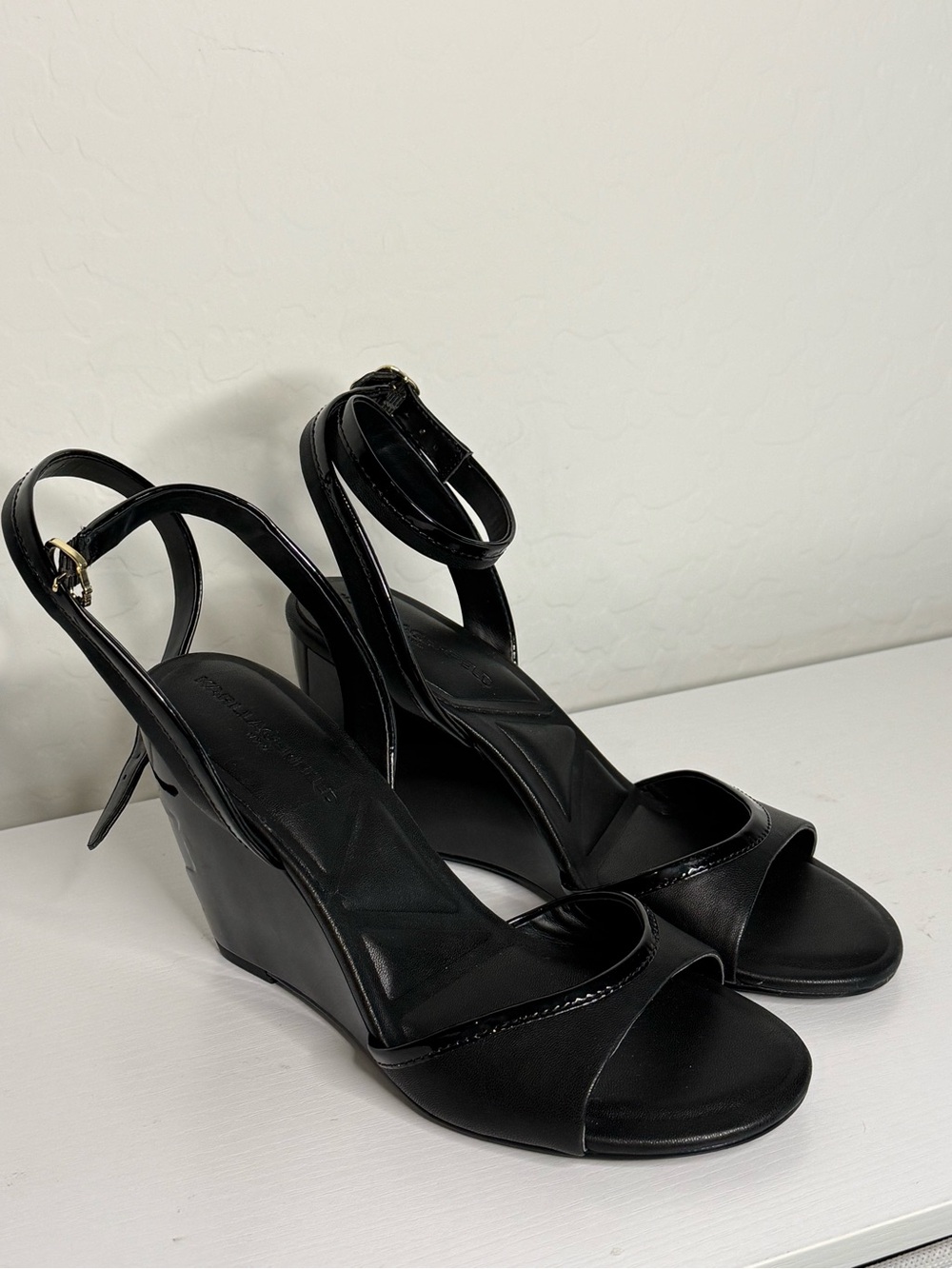 Karl Lagerfeld Black Women's Wedge Sandals with Ankle Strap